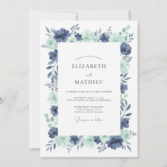 Invitación Boda de peonía espuma de mar índigo (Anverso)