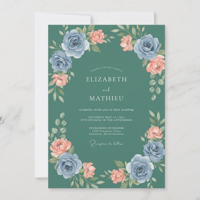 Invitación Boda de peonía espuma de mar profunda (Anverso)