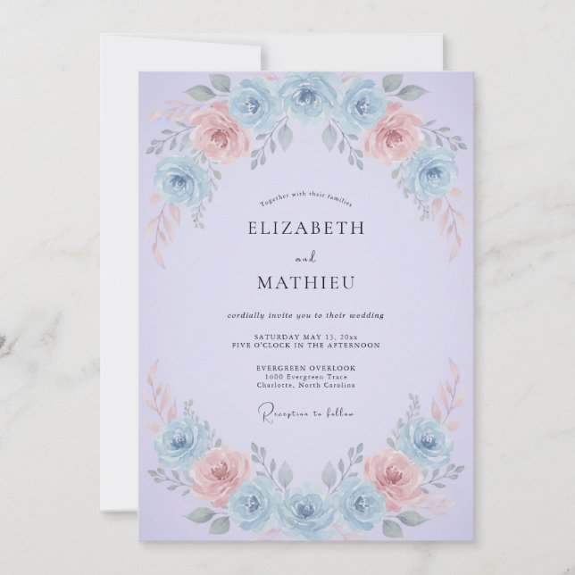 Invitación Boda de Peonía Flor de Aciano Lila (Anverso)