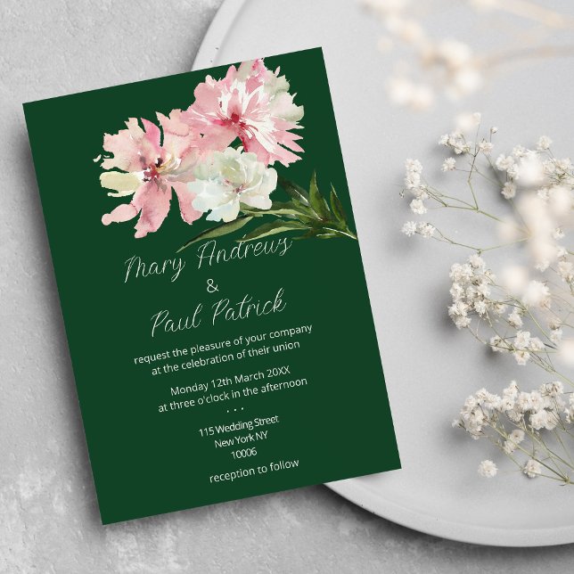 Invitación Boda de peonía floral blanca rosa verde del bosque (Forest green pink white floral peony Wedding )