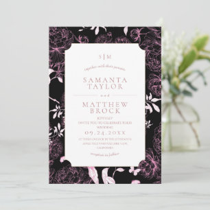 Invitación Boda de peonía francesa rosa negra moderna y tempe