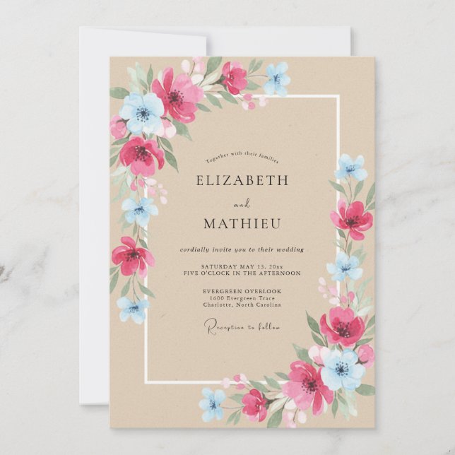 Invitación Boda de Peonía Fucsia Azurea (Anverso)