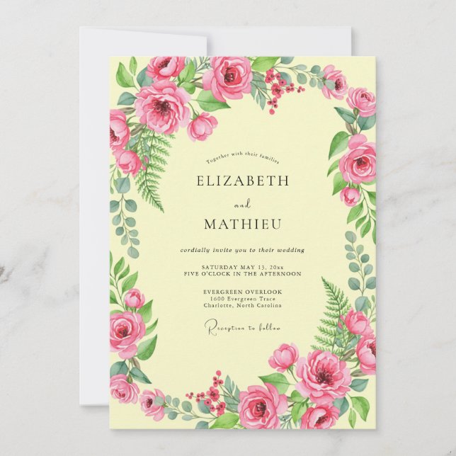 Invitación Boda de peonía fucsia crema (Anverso)