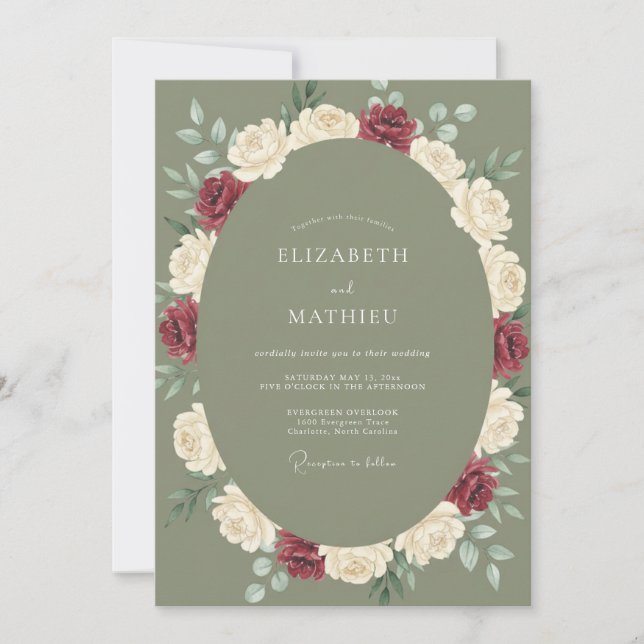 Invitación Boda de peonía granate con oliva prensada (Anverso)