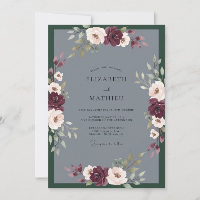 Invitación Boda de peonía granate de carbón (Anverso)