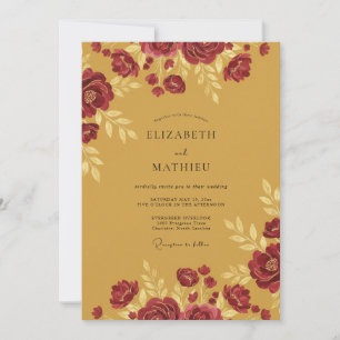 Invitación Boda de peonía granate mostaza
