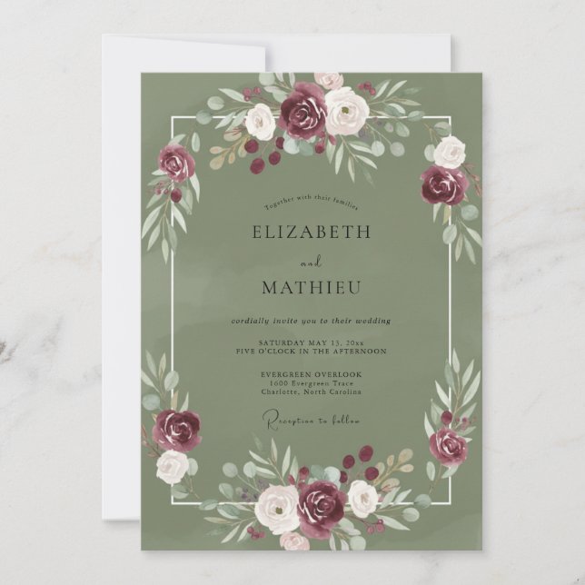 Invitación Boda de peonía granate oliva (Anverso)