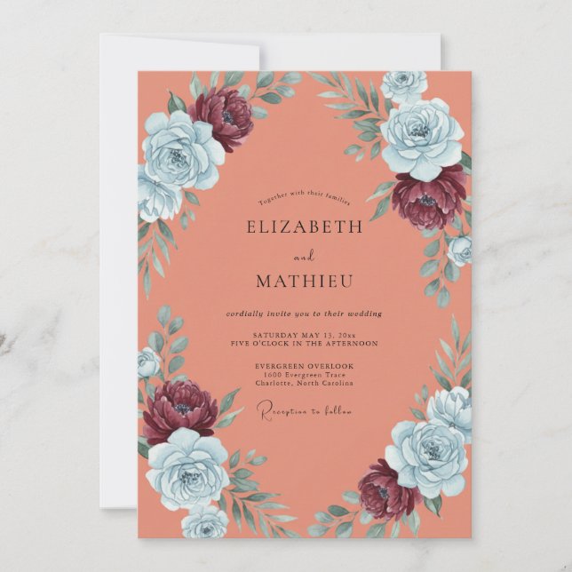 Invitación Boda de Peonía Granate Terracota (Anverso)
