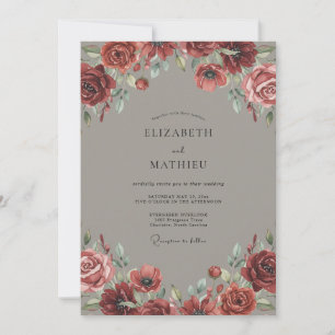 Invitación Boda de peonía gris beige y carmesí