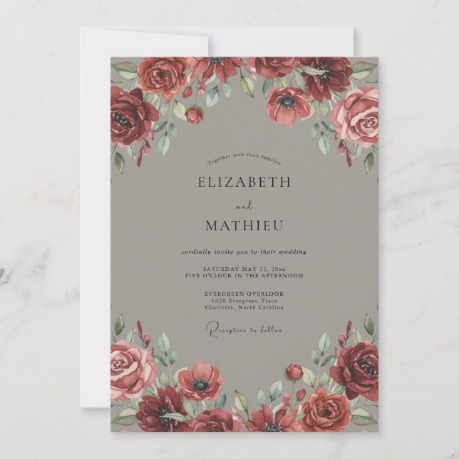 Invitación Boda de peonía gris beige y carmesí (Anverso)