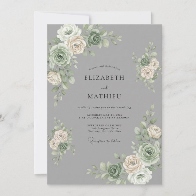 Invitación Boda de Peonía Gris Plata (Anverso)