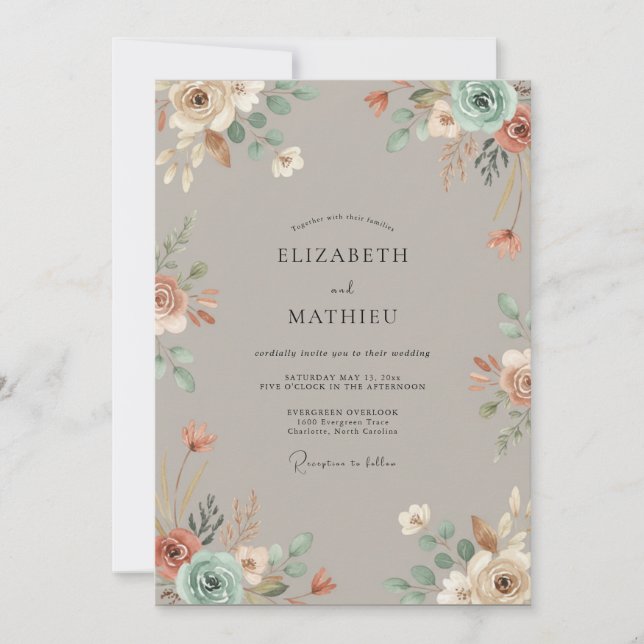 Invitación Boda de peonía gris terroso (Anverso)