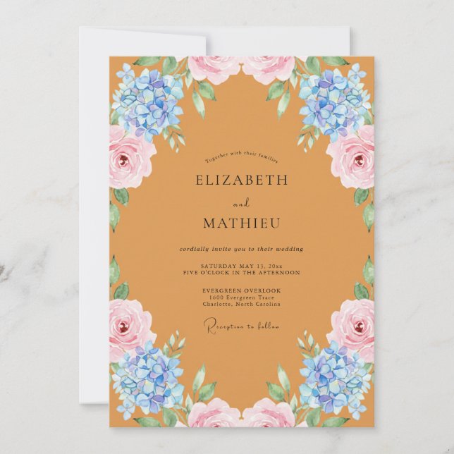 Invitación Boda de Peonía Hidrangea Ocra (Anverso)