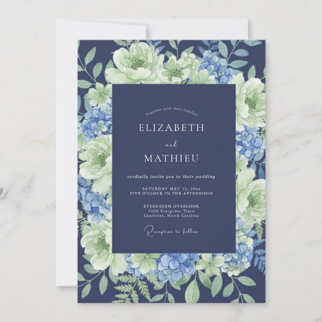 Invitación Boda de peonía hortensia índigo (Anverso)