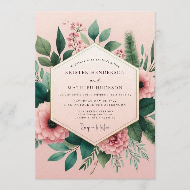 Invitación Boda de peonía ilustrativa con rubor (Anverso)