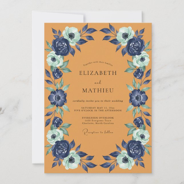 Invitación Boda de Peonía Índigo Ámbar (Anverso)