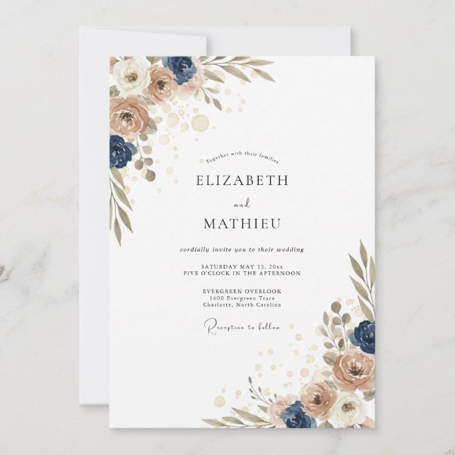 Invitación Boda de Peonía Índigo de Arena (Anverso)