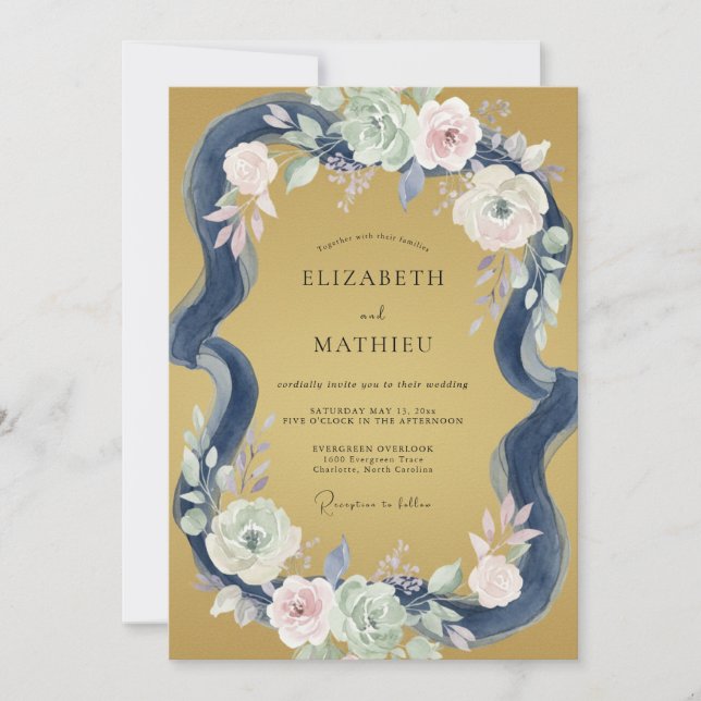 Invitación Boda de Peonía Índigo Dorado (Anverso)