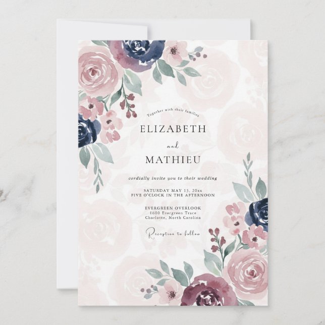 Invitación Boda de Peonía Índigo Malva (Anverso)