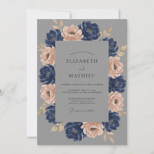 Invitación Boda de Peonía Índigo Pizarra (Anverso)