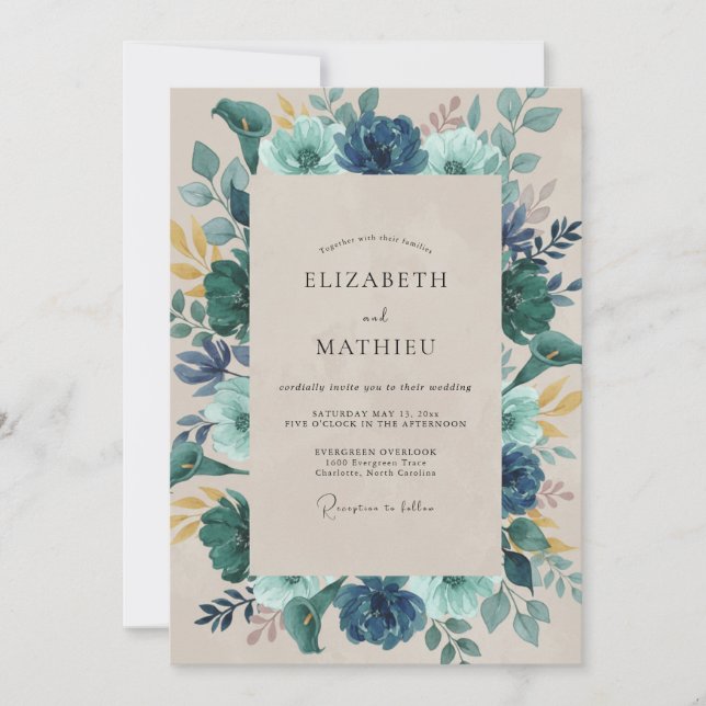 Invitación Boda de Peonía Índigo Pizarra (Anverso)