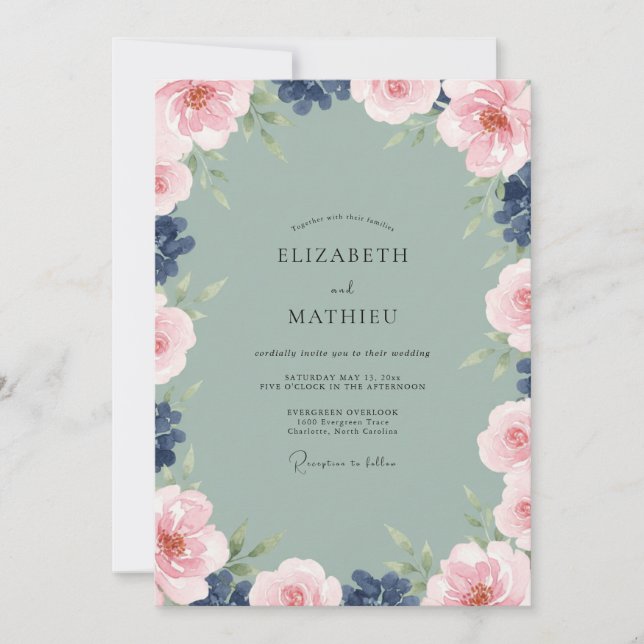 Invitación Boda de Peonía Índigo Rosa Polvo (Anverso)