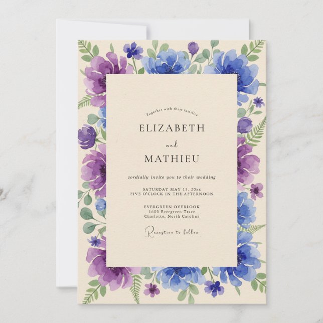 Invitación Boda de peonía índigo violeta (Anverso)