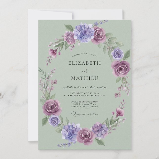 Invitación Boda de Peonía Lavanda Celadón (Anverso)