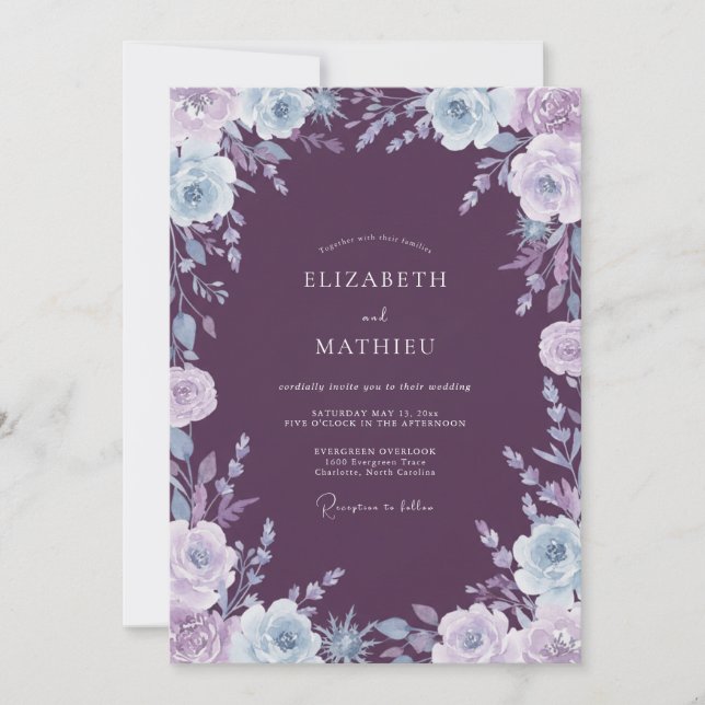 Invitación Boda de Peonía Lavanda Ciruela (Anverso)