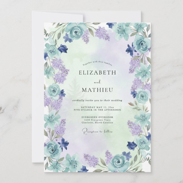 Invitación Boda de peonía lavanda polvorienta acuática (Anverso)