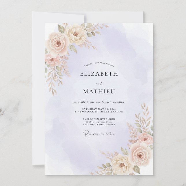 Invitación Boda de Peonía Lila Albaricoque (Anverso)