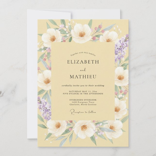 Invitación Boda de peonía lila amarilla mantequilla (Anverso)