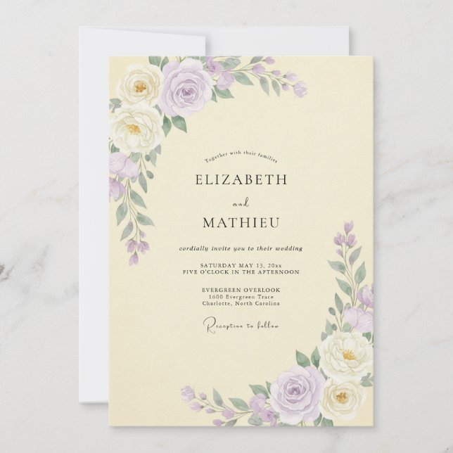 Invitación Boda de Peonía Lila Amarillo Pálido (Anverso)