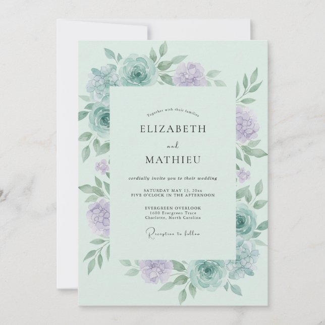 Invitación Boda de Peonía Lila Celadón (Anverso)