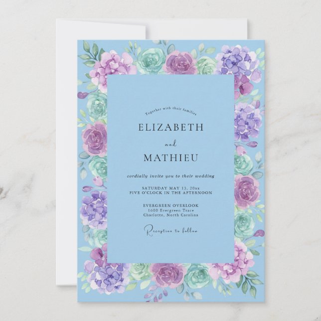 Invitación Boda de Peonía Lila Centaurea (Anverso)