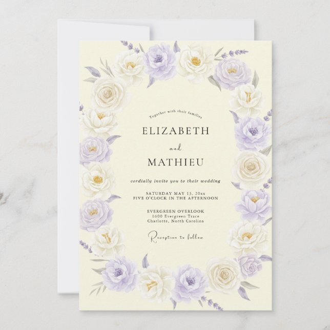 Invitación Boda de peonía lila champán (Anverso)