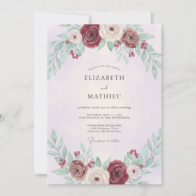 Invitación Boda de Peonía Lila Ciruela (Anverso)