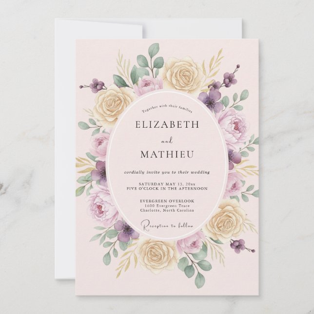 Invitación Boda de peonía lila con champán caliente (Anverso)