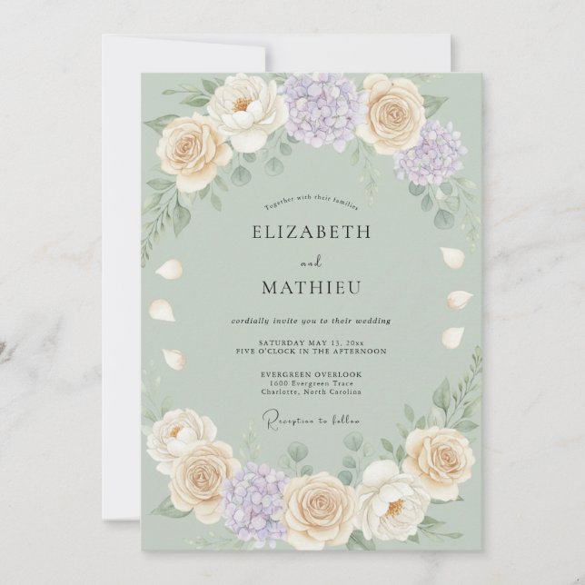 Invitación Boda de peonía lila con champán suave (Anverso)