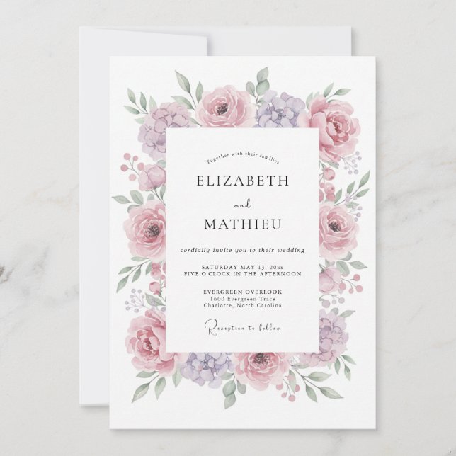 Invitación Boda de peonía lila con rubor (Anverso)
