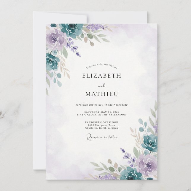 Invitación Boda de peonía lila desvaída pervinca (Anverso)
