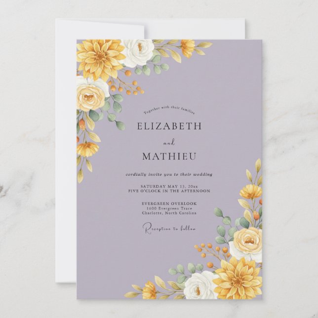 Invitación Boda de Peonía Lila Dorada (Anverso)