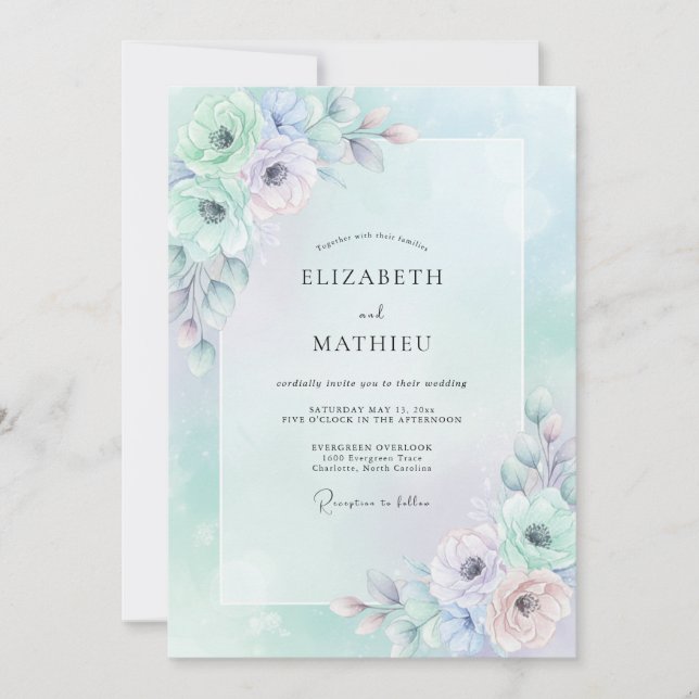 Invitación Boda de peonía lila espuma de mar (Anverso)