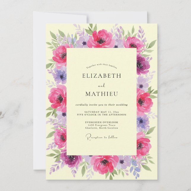 Invitación Boda de Peonía Lila Fucsia (Anverso)