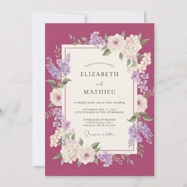 Invitación Boda de peonía lila magenta (Anverso)