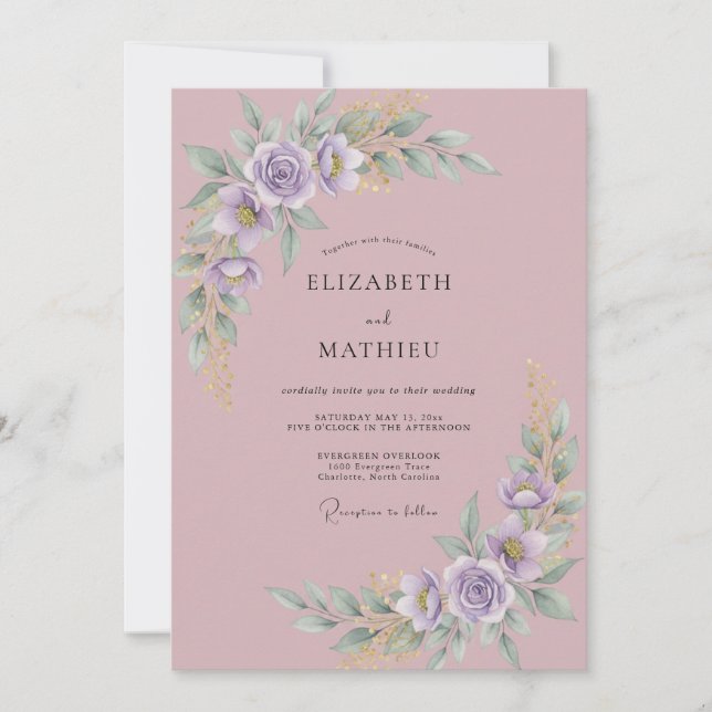 Invitación Boda de Peonía Lila Malva (Anverso)