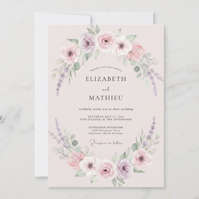 Invitación Boda de peonía lila malva vintage (Anverso)