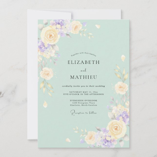 Invitación Boda de Peonía Lila Menta (Anverso)