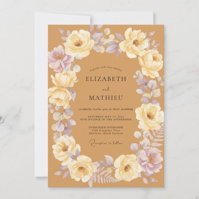 Invitación Boda de Peonía Lila Mostaza (Anverso)