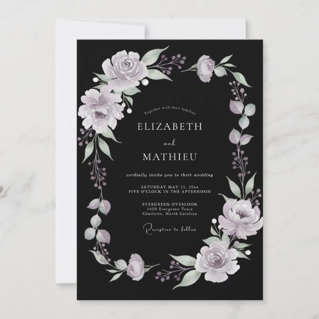Invitación Boda de Peonía Lila Negra (Anverso)